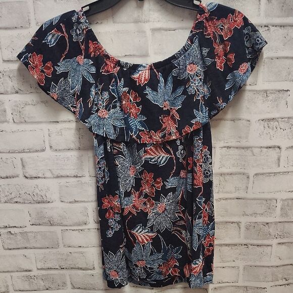 J. Jill Ruffled Cap Sleeve Blouse in Blue and Pink - Picture 4 of 4